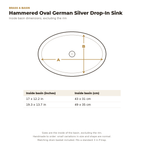 Oval German silver drop-in sink dimensions drawing with inside basin sizes in inches and cm