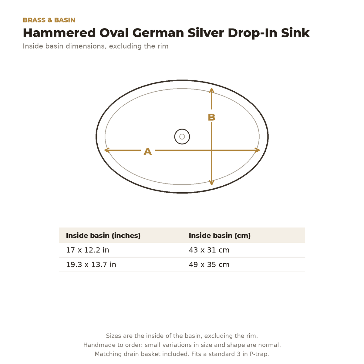 Oval German silver drop-in sink dimensions drawing with inside basin sizes in inches and cm