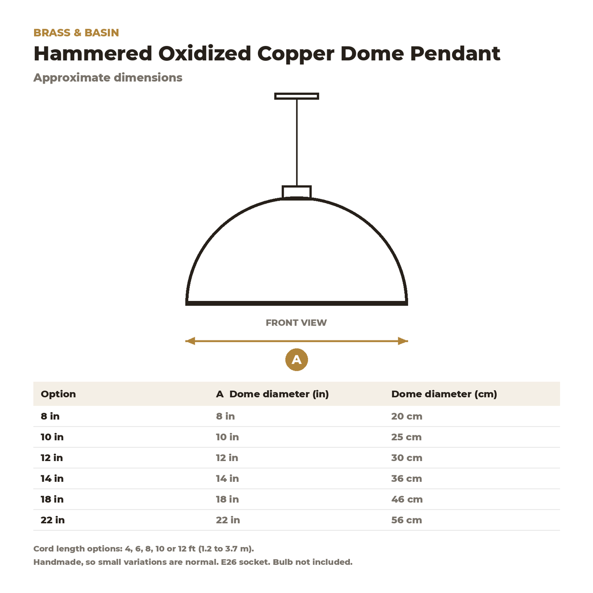 Dimension card for the oxidized copper dome pendant, 8 to 22 in diameter