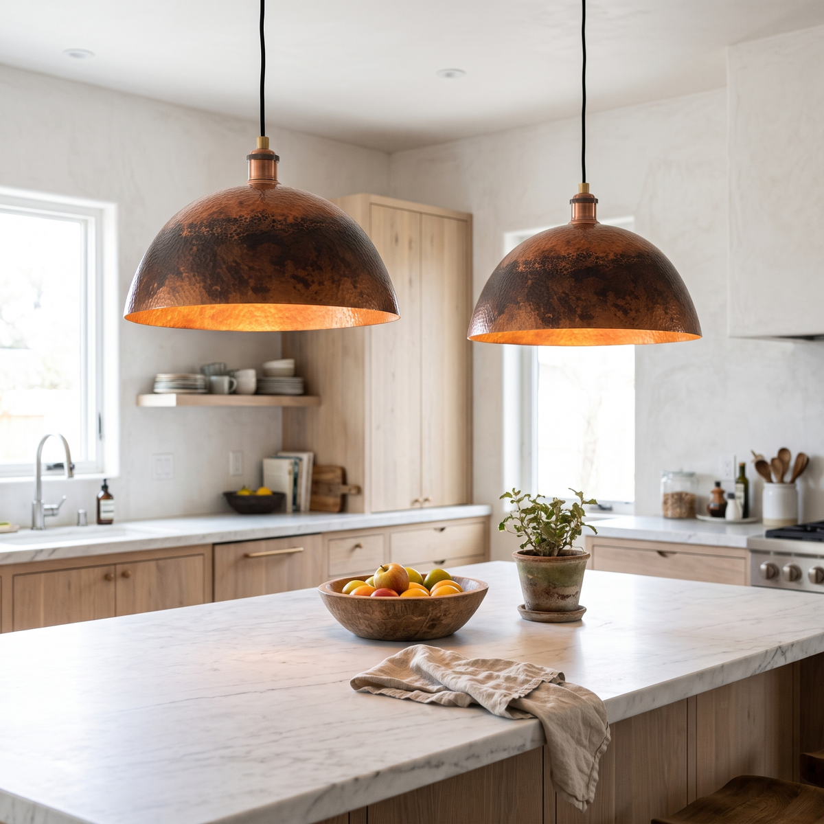 Two hammered oxidized copper dome pendant lights glowing over a white marble kitchen island