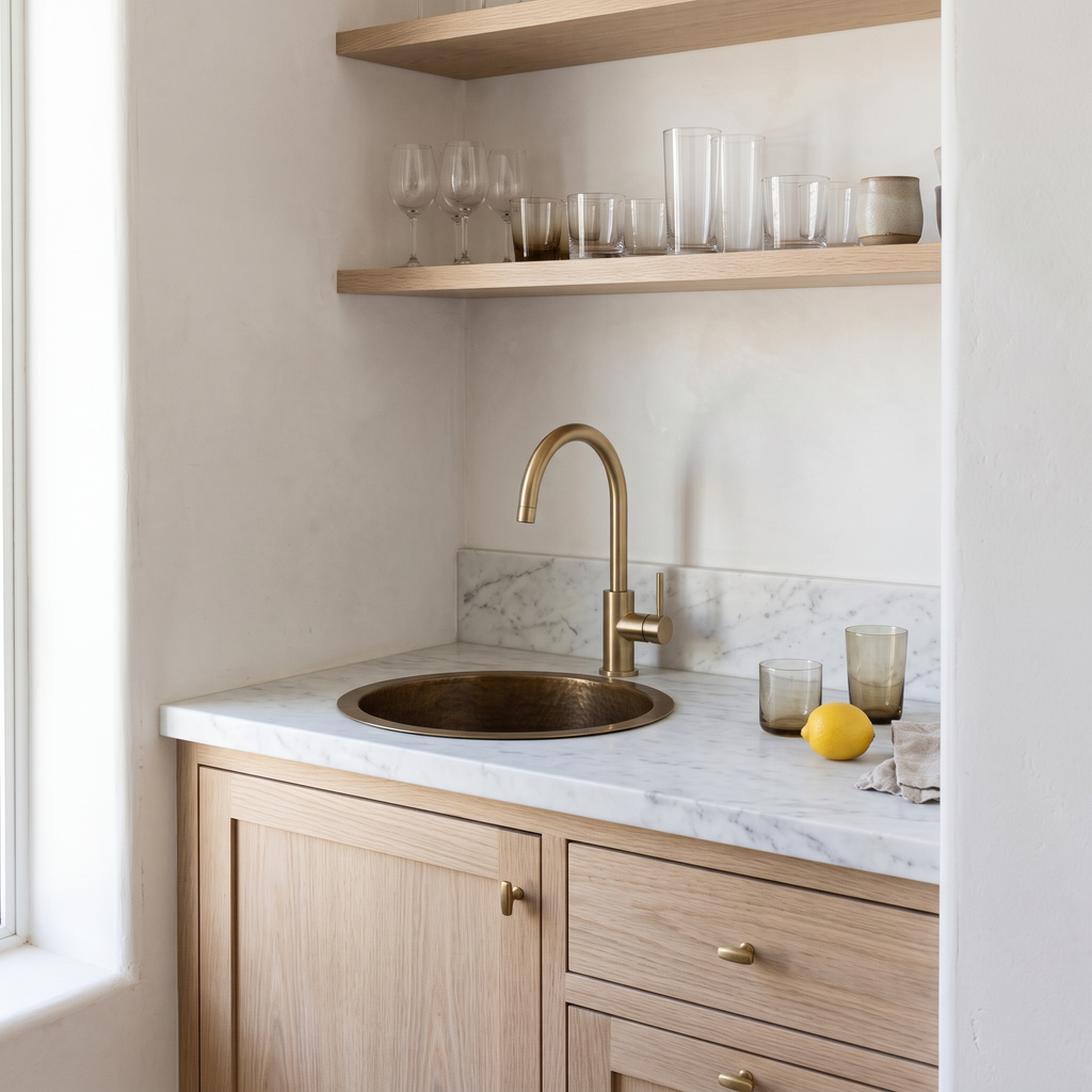 Round brass bar sink with brass basket strainer in a marble and white oak home wet bar
