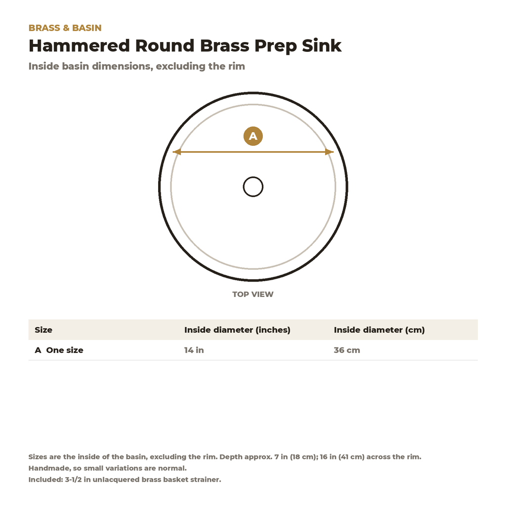 Dimension card for the hammered round brass prep sink, 14 in inside diameter