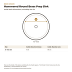 Dimension card for the hammered round brass prep sink, 14 in inside diameter