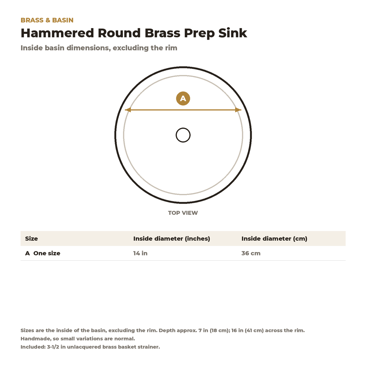 Dimension card for the hammered round brass prep sink, 14 in inside diameter