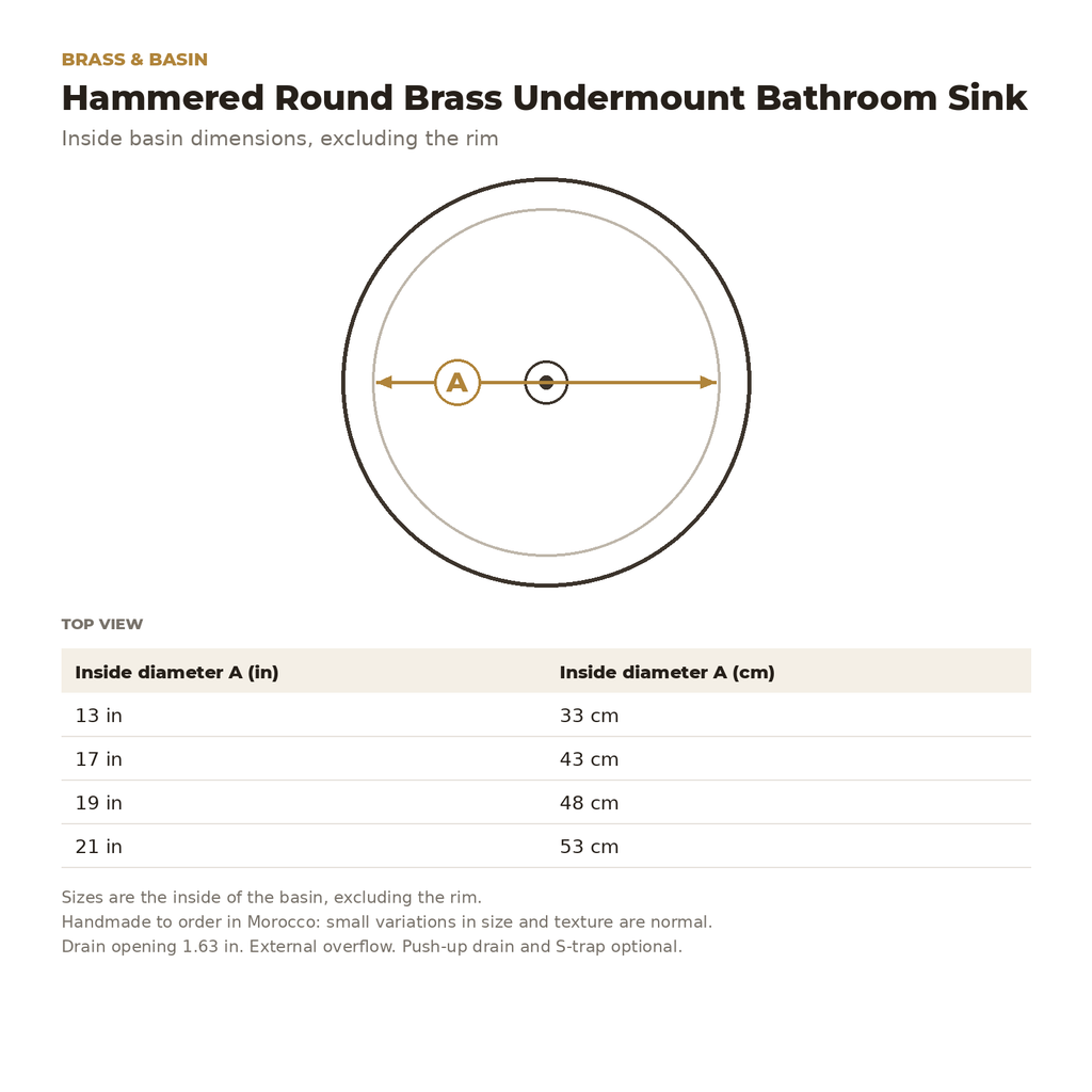 Hammered Round Brass Undermount Bathroom Sink inside basin dimensions drawing