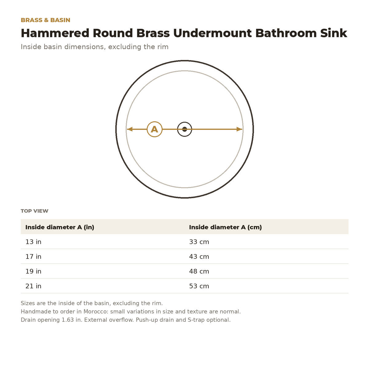 Hammered Round Brass Undermount Bathroom Sink inside basin dimensions drawing