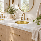 Hammered Round Brass Undermount Bathroom Sink in a bright, airy bathroom