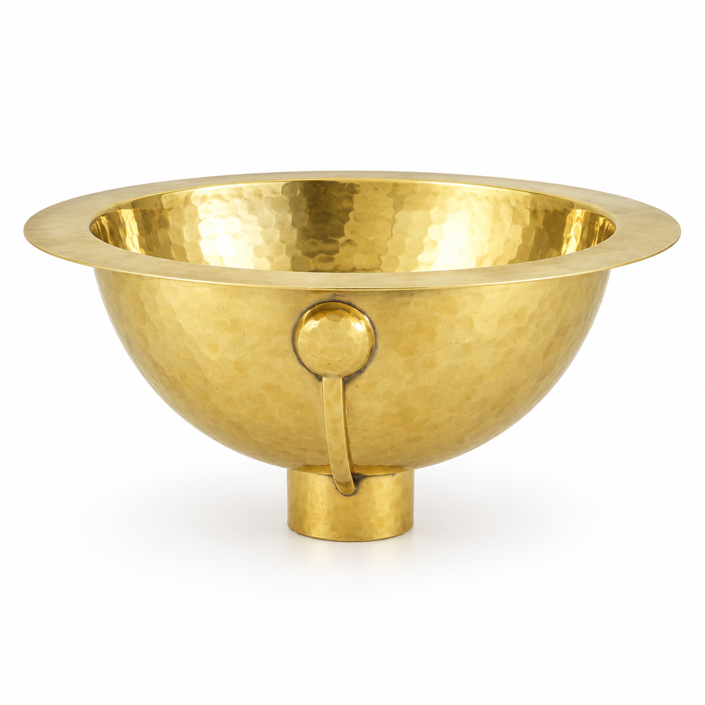 Hammered Round Brass Undermount Bathroom Sink on a white background