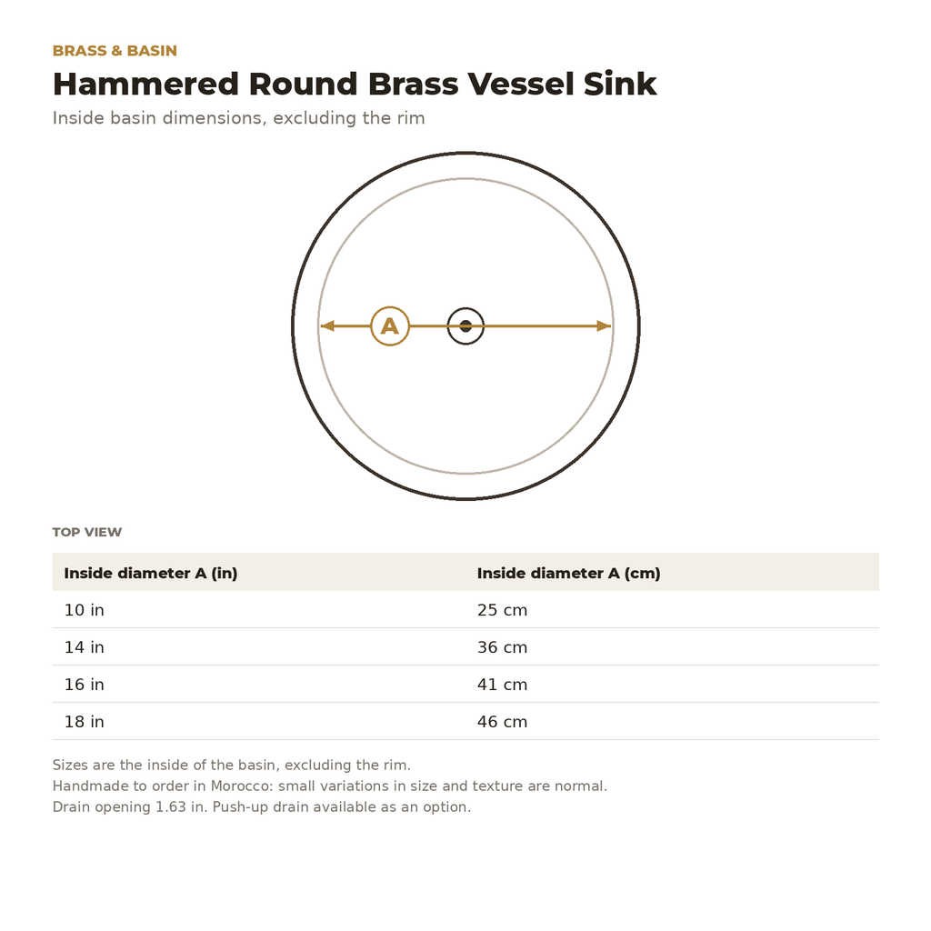 Hammered Round Brass Vessel Sink inside basin dimensions drawing