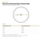 Hammered Round Brass Vessel Sink inside basin dimensions drawing