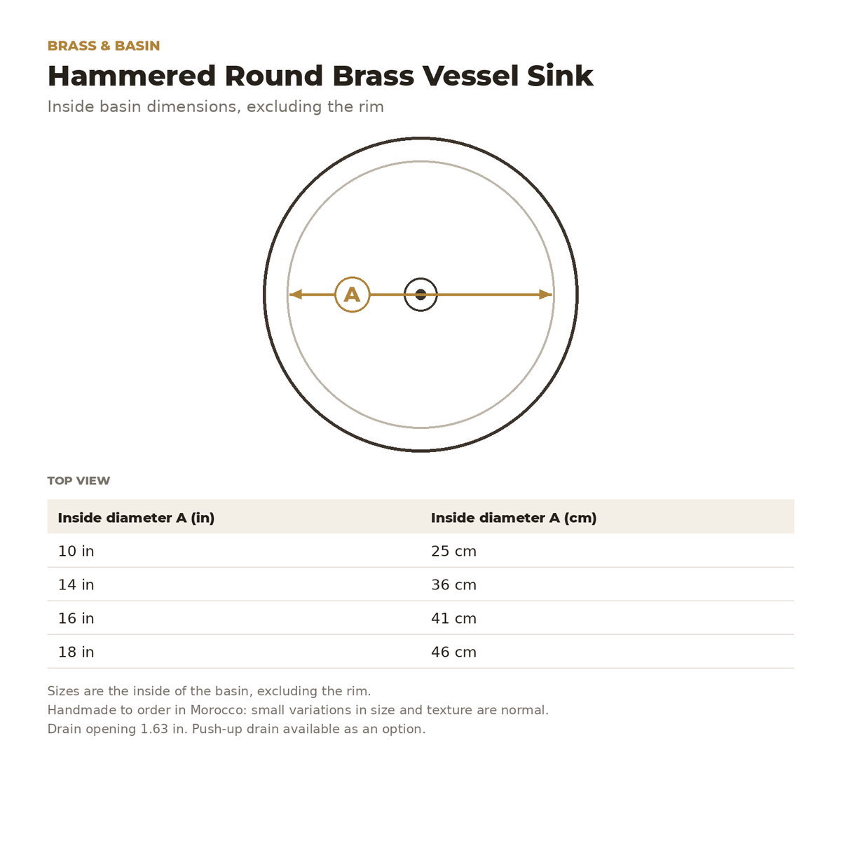 Hammered Round Brass Vessel Sink inside basin dimensions drawing