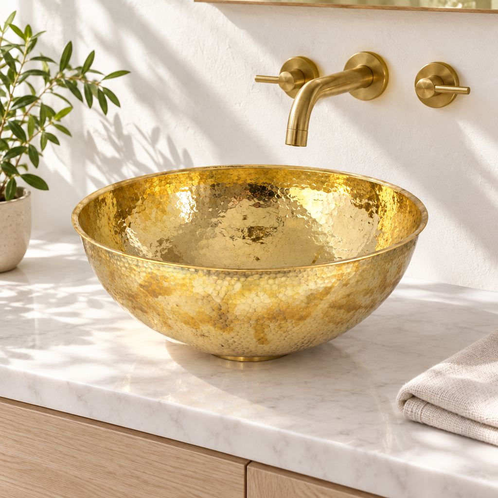 Hammered Round Brass Vessel Sink installed in a bright bathroom