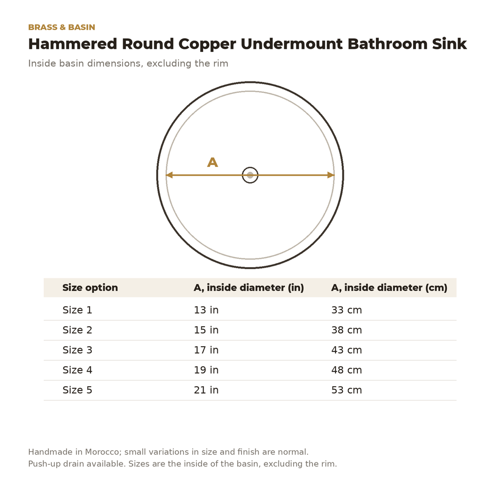 Inside diameter of the hammered round copper undermount sink