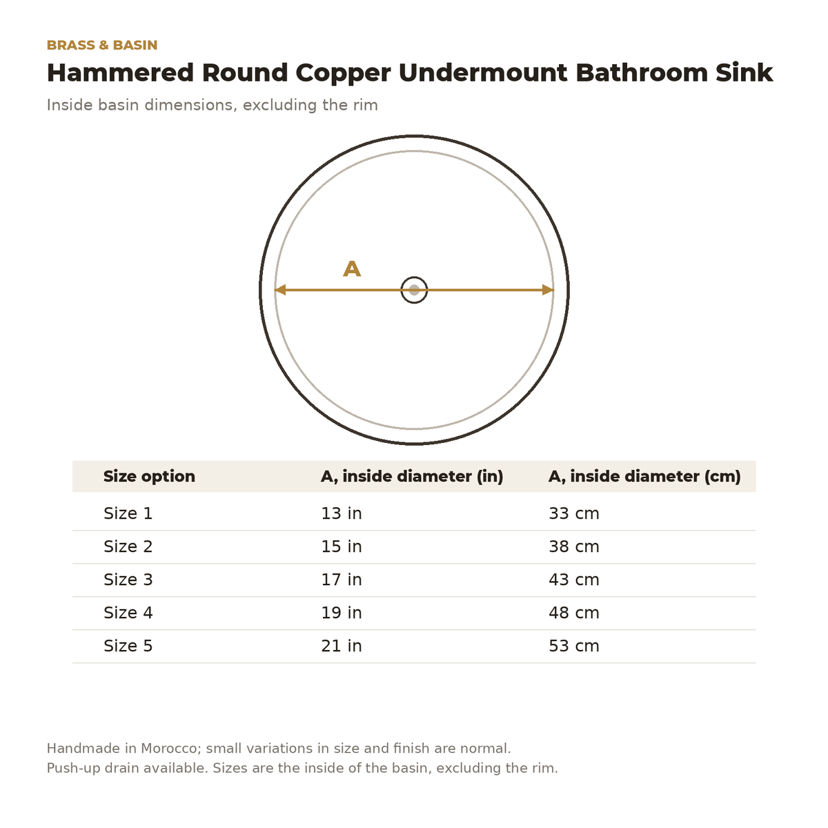 Inside diameter of the hammered round copper undermount sink