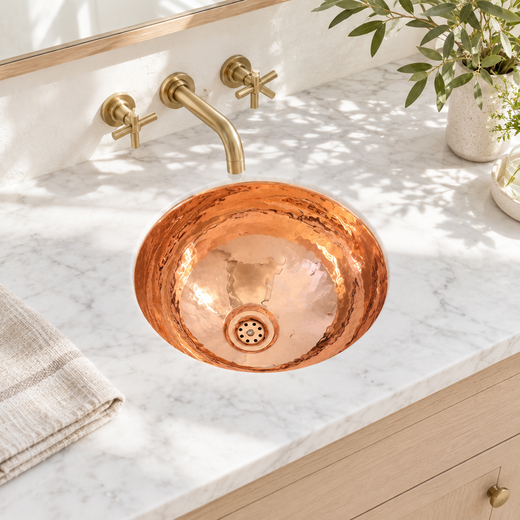 Hammered round copper undermount sink in a sunlit white marble bathroom vanity