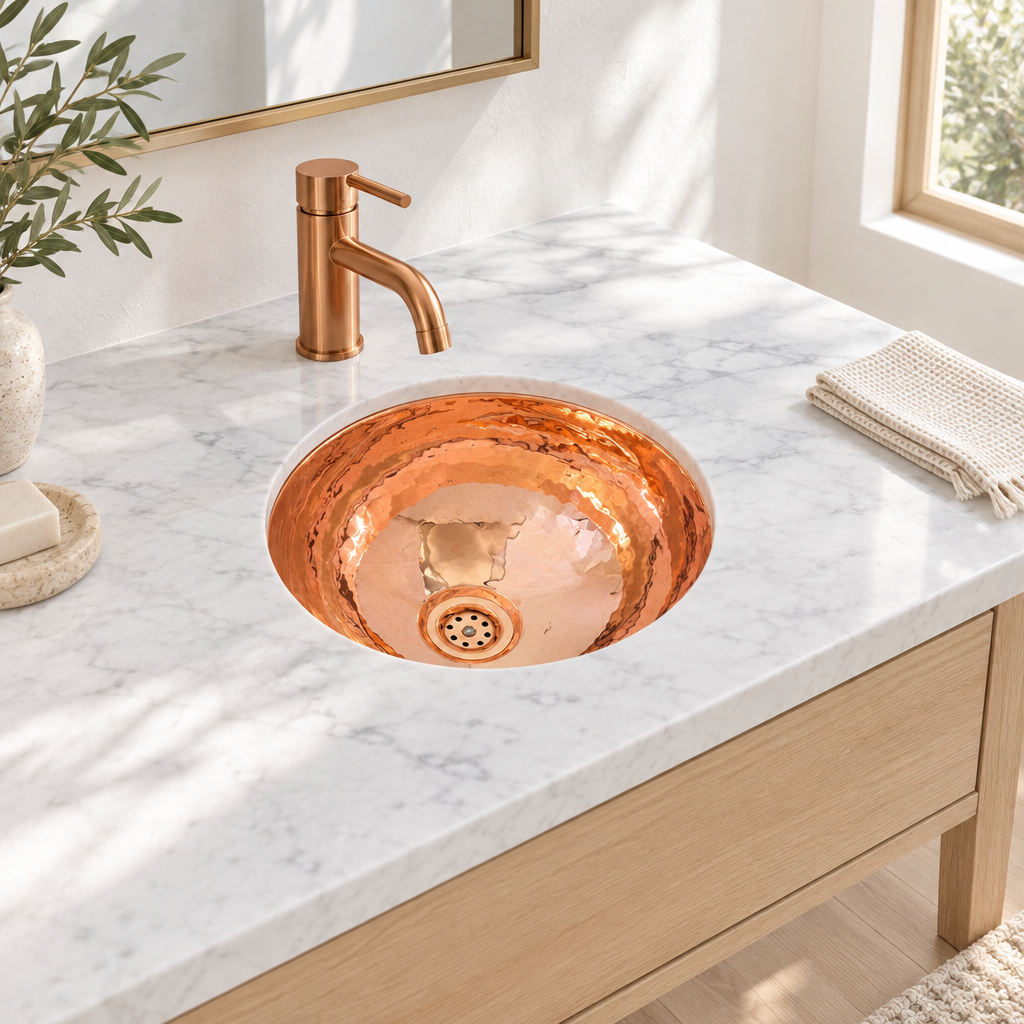 Bright California bathroom with a round copper undermount sink