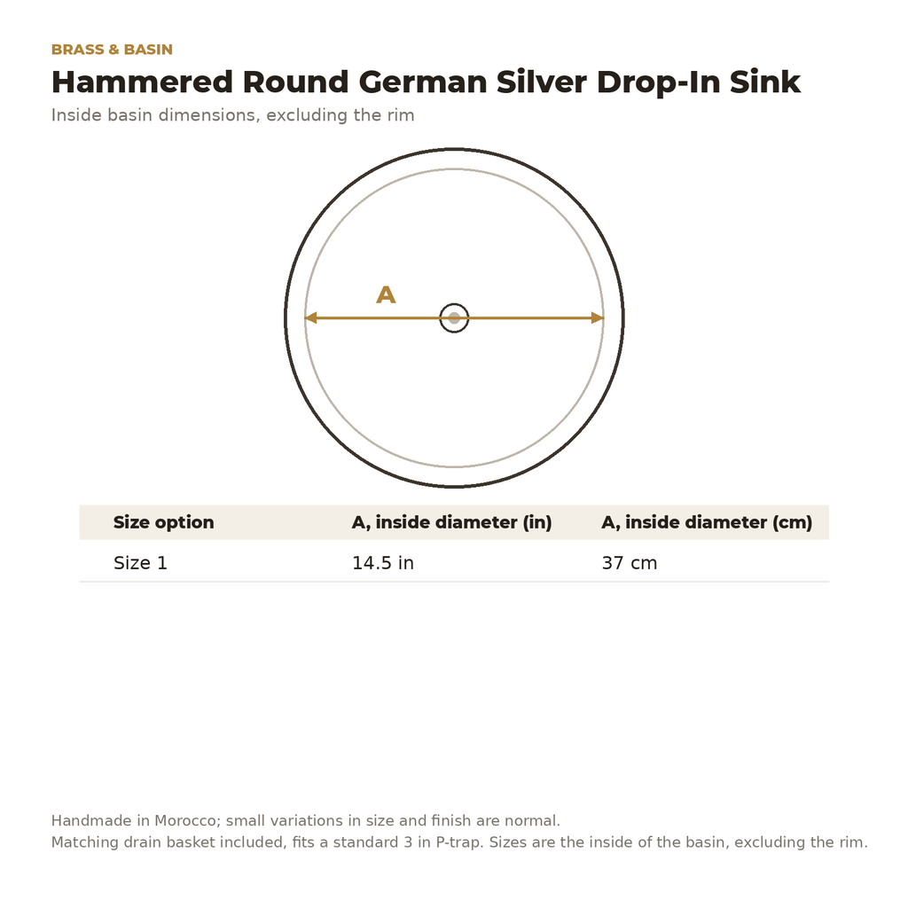 Inside diameter of the hammered round German silver drop-in sink