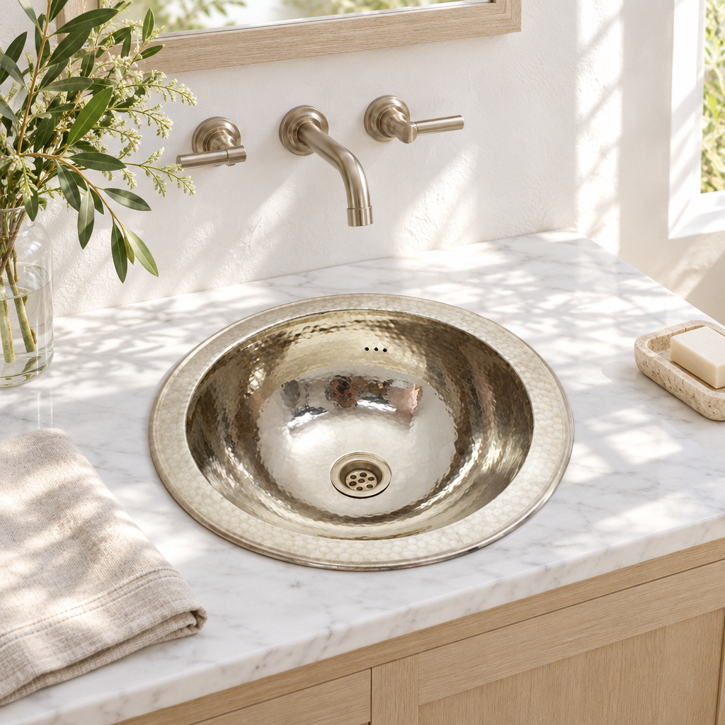 Hammered round German silver drop-in sink in a sunlit white marble bathroom vanity