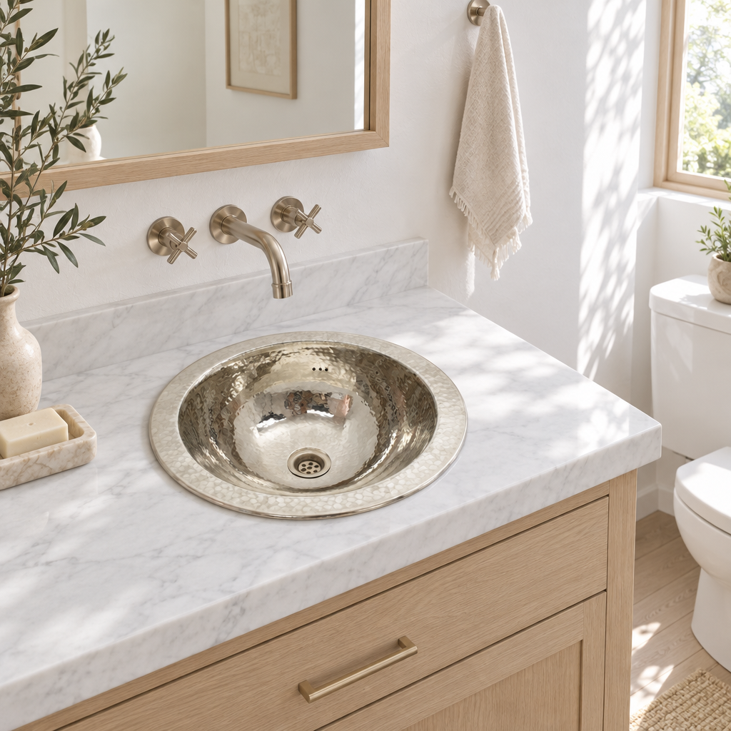 Bright California powder room with a round German silver drop-in sink