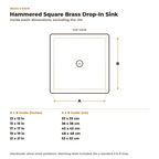 Hammered Square Brass Drop-In Bathroom Sink inside basin dimensions in inches and centimetres