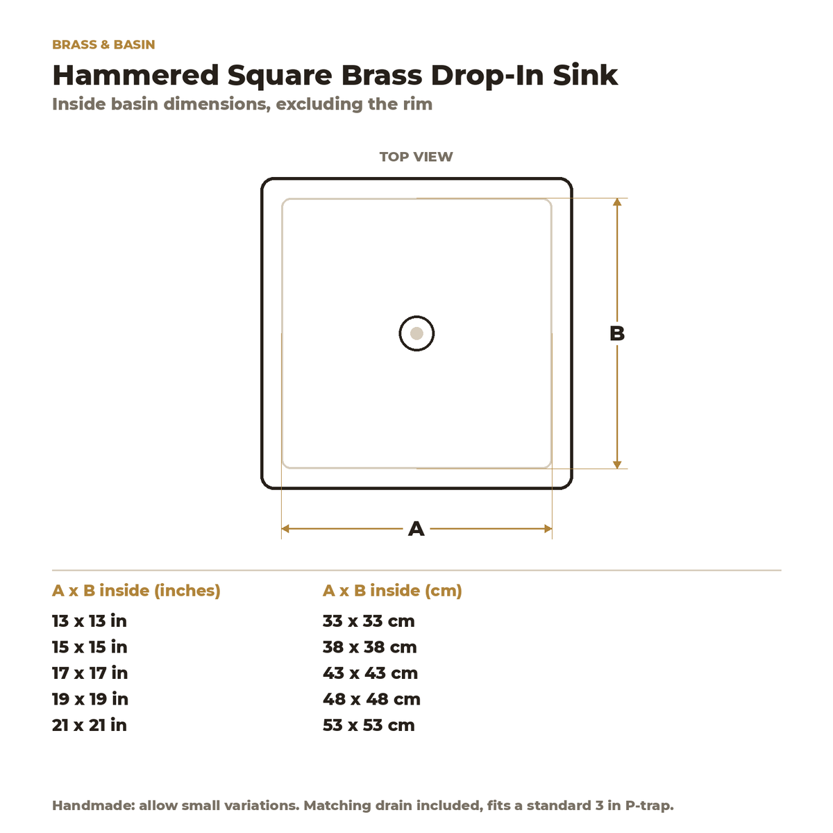 Hammered Square Brass Drop-In Bathroom Sink inside basin dimensions in inches and centimetres