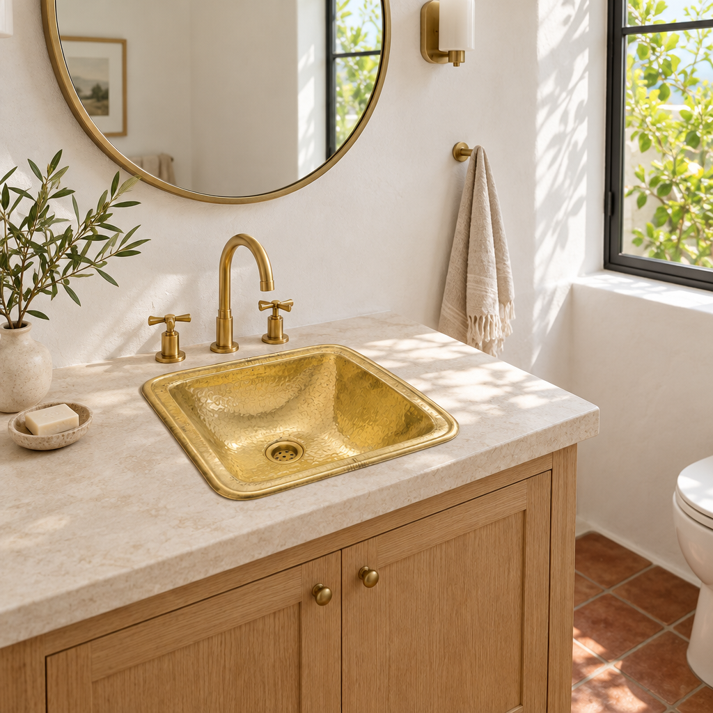 Hammered Square Brass Drop-In Bathroom Sink in a bright California powder room