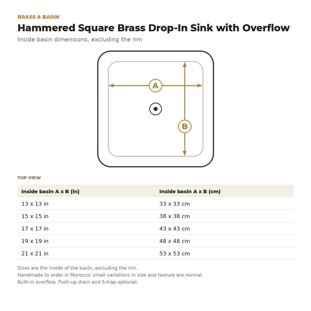 Hammered Square Brass Drop-In Sink with Overflow inside basin dimensions drawing