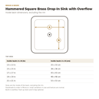 Hammered Square Brass Drop-In Sink with Overflow inside basin dimensions drawing