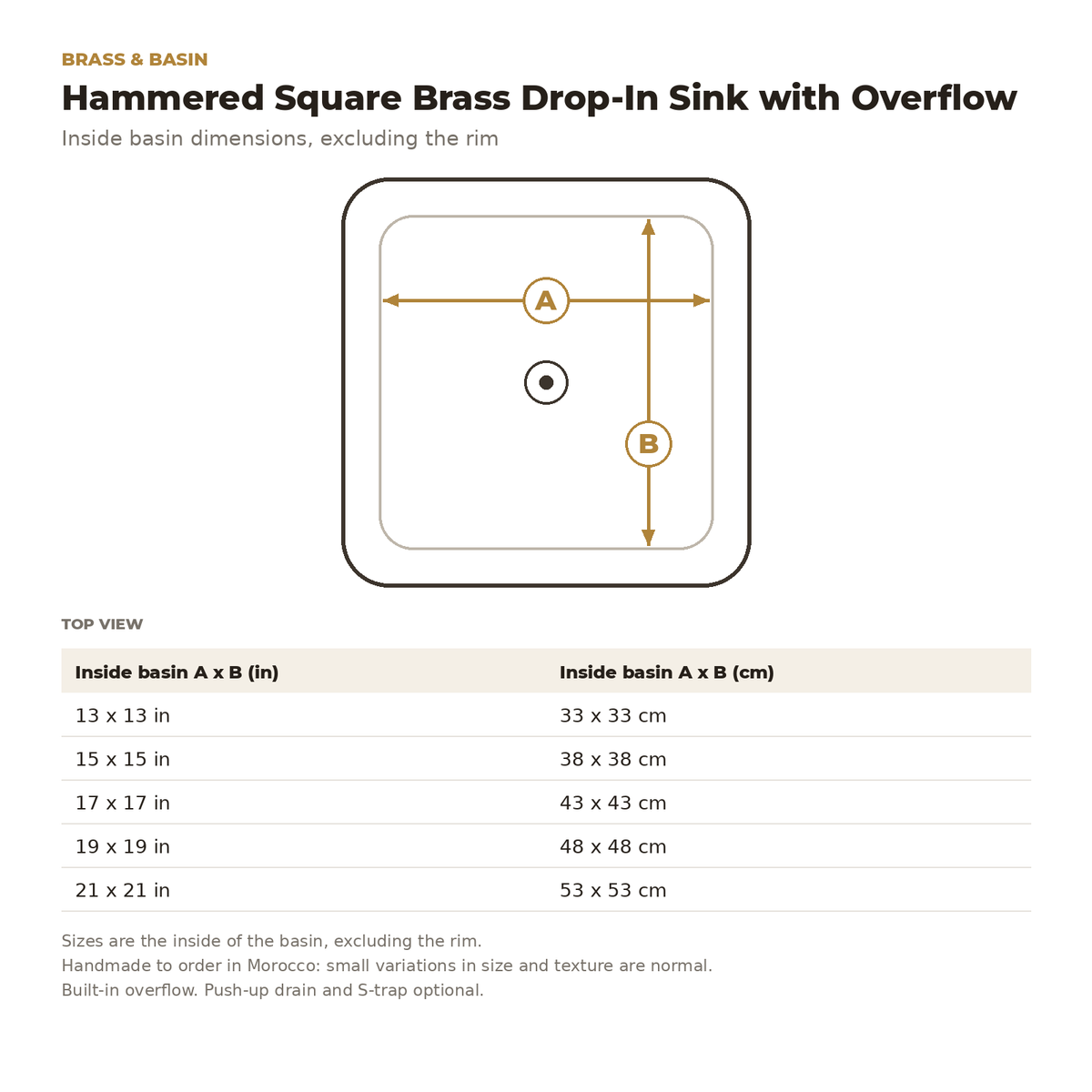 Hammered Square Brass Drop-In Sink with Overflow inside basin dimensions drawing