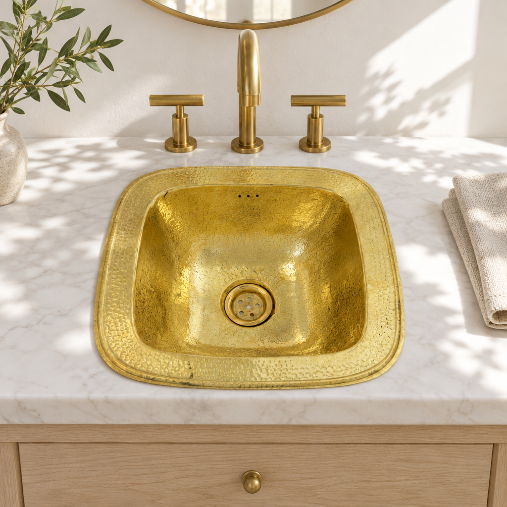 Hammered Square Brass Drop-In Sink with Overflow installed in a bright bathroom