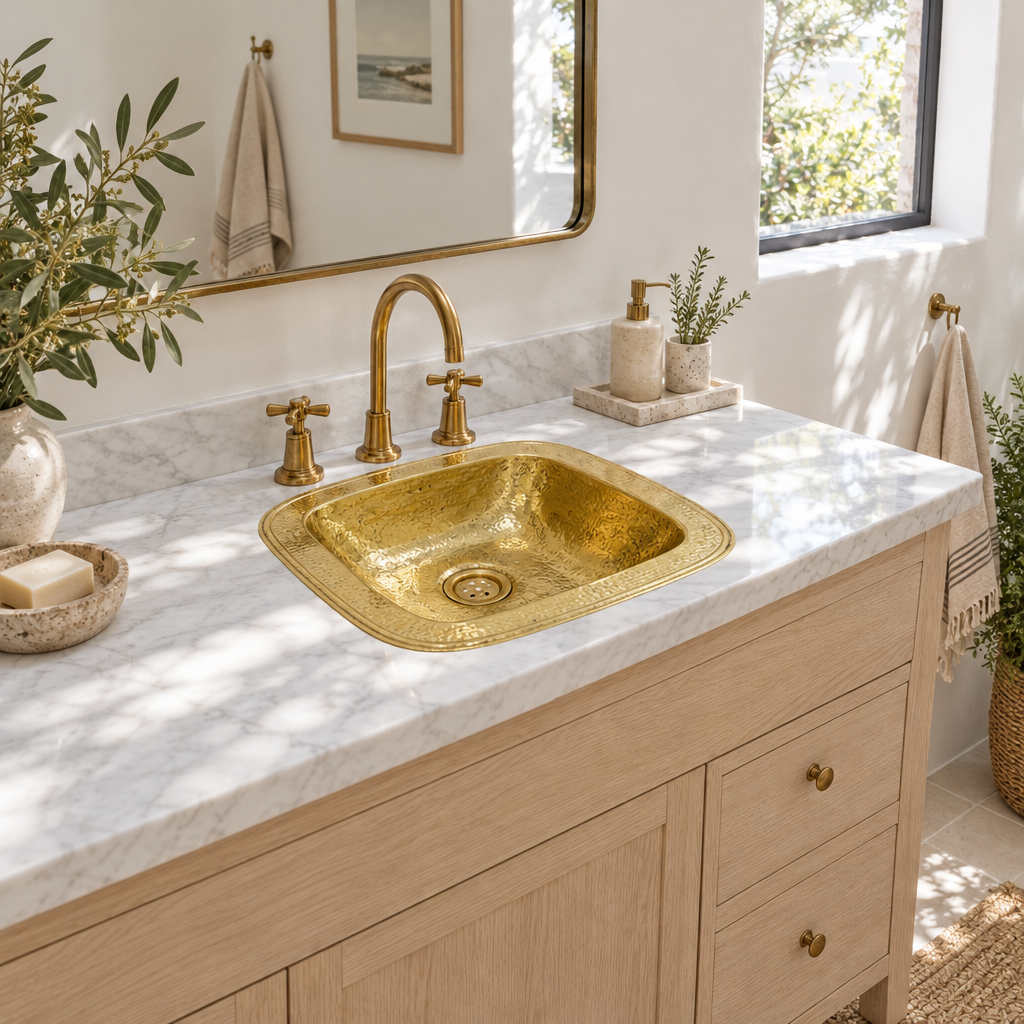 Hammered Square Brass Drop-In Sink with Overflow in a bright, airy bathroom