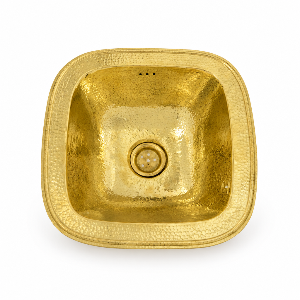 Hammered Square Brass Drop-In Sink with Overflow on a white background