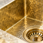 Hammered Square Brass Undermount Kitchen Sink, close-up detail of the hand-hammered texture