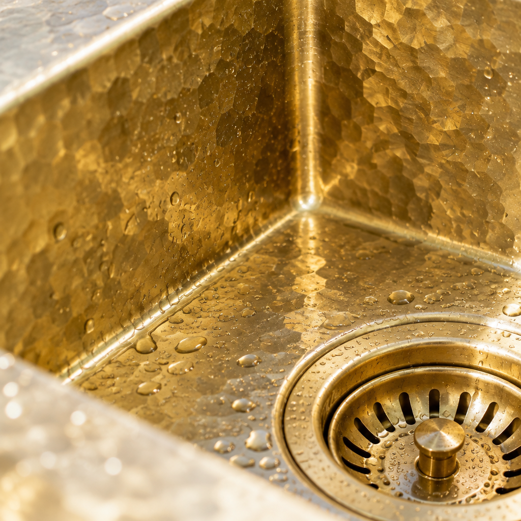 Hammered Square Brass Undermount Kitchen Sink, close-up detail of the hand-hammered texture