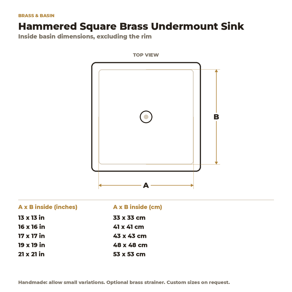 Hammered Square Brass Undermount Kitchen Sink, inside basin dimensions in inches and centimetres