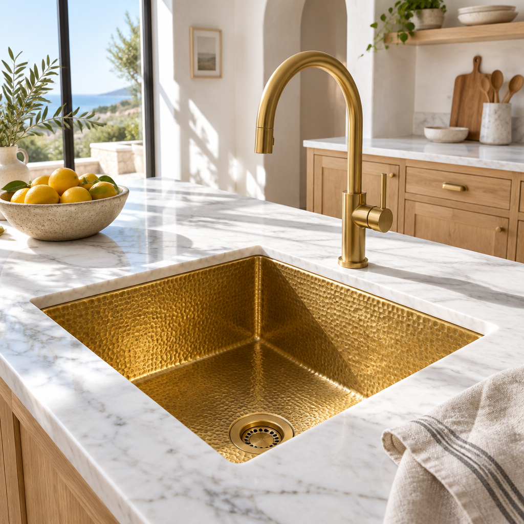 Hammered Square Brass Undermount Kitchen Sink in a bright, sunlit California kitchen