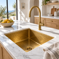 Hammered Square Brass Undermount Kitchen Sink in a bright, sunlit California kitchen