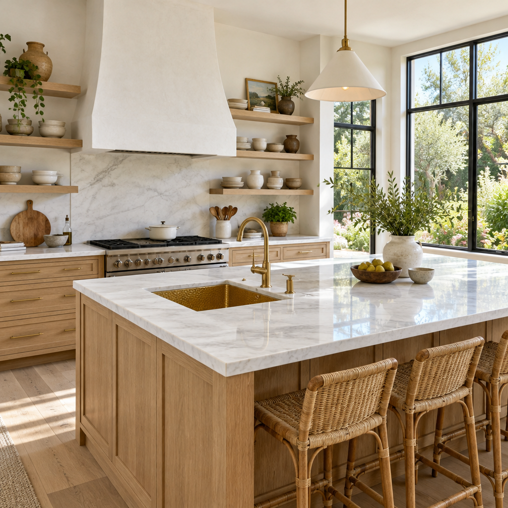 Hammered Square Brass Undermount Kitchen Sink in a bright, airy California kitchen