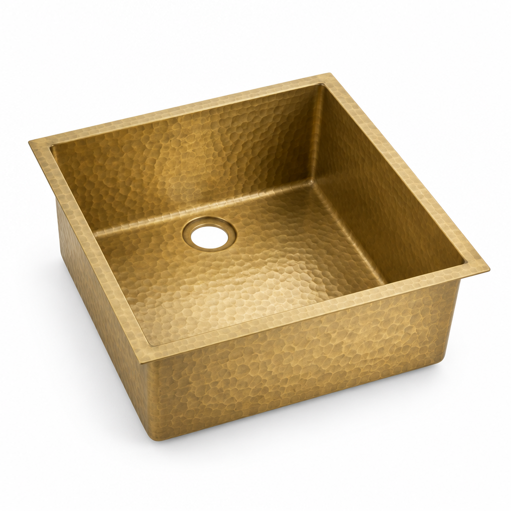 Hammered Square Brass Undermount Kitchen Sink on a white background