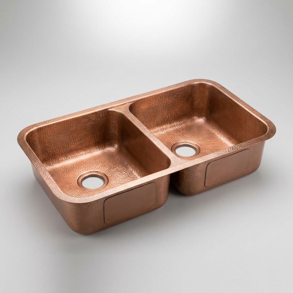 The Atlas Kitchen Sink, hand-hammered copper double-bowl undermount sink