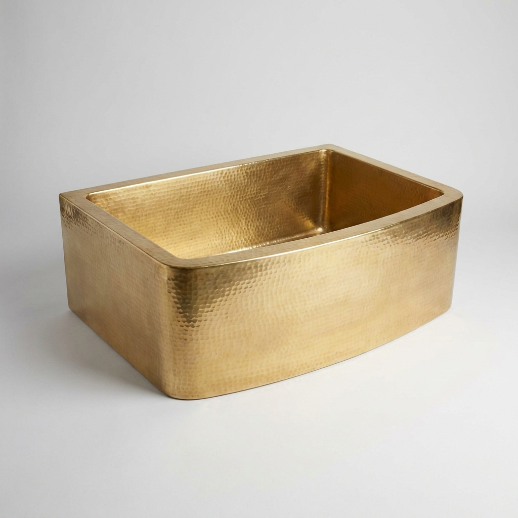 The Marrakech Farmhouse Sink, hand-hammered polished brass apron-front sink