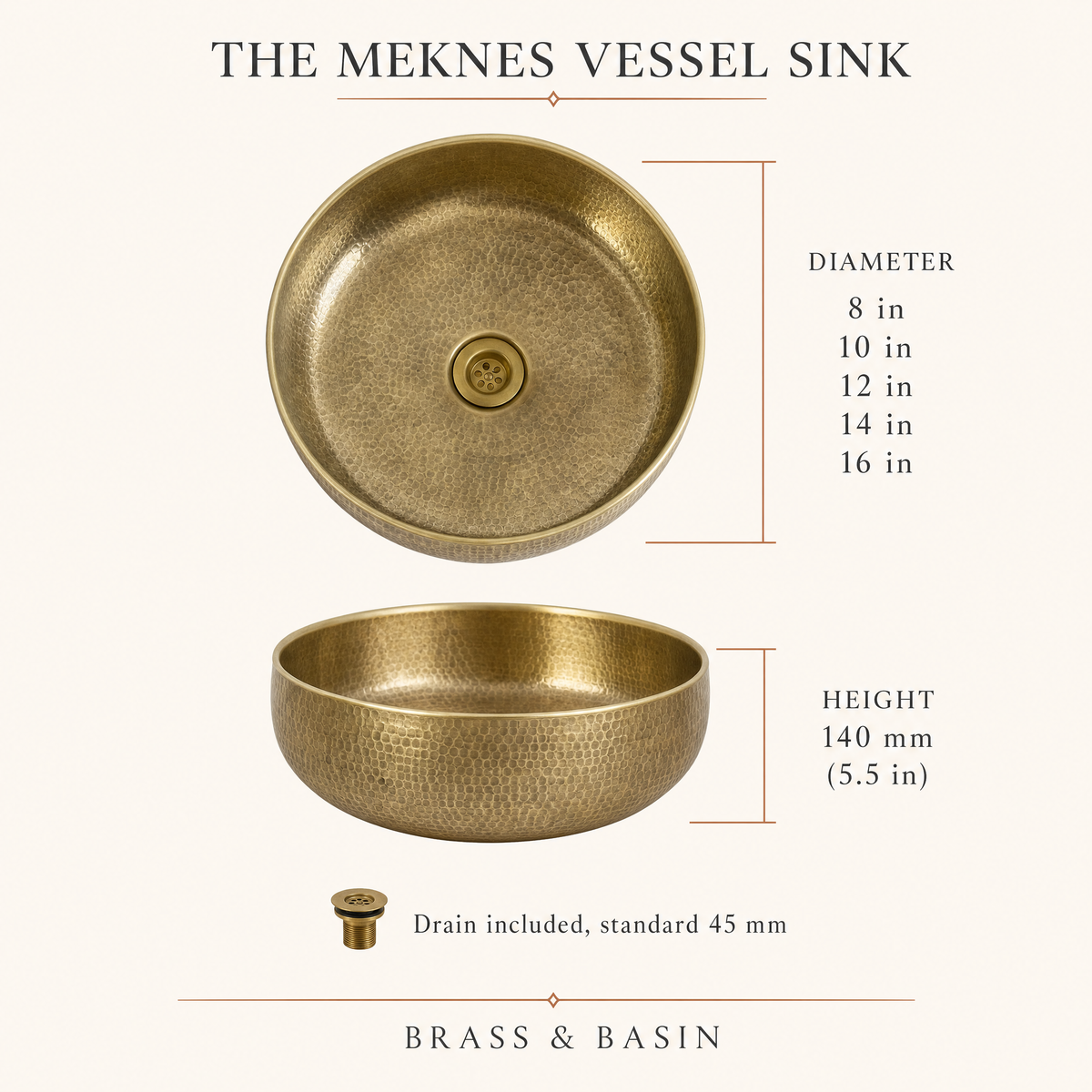 Dimensions of The Meknes Vessel Sink: diameters 8 to 16 inches, height 140 mm, drain 45 mm