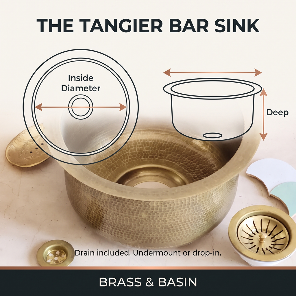 Dimensions of The Tangier Brass Bar Sink in 8, 10 and 12 inch inside diameters with depths of 140, 160 and 180 mm