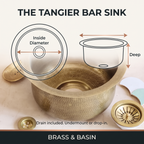 Dimensions of The Tangier Brass Bar Sink in 8, 10 and 12 inch inside diameters with depths of 140, 160 and 180 mm