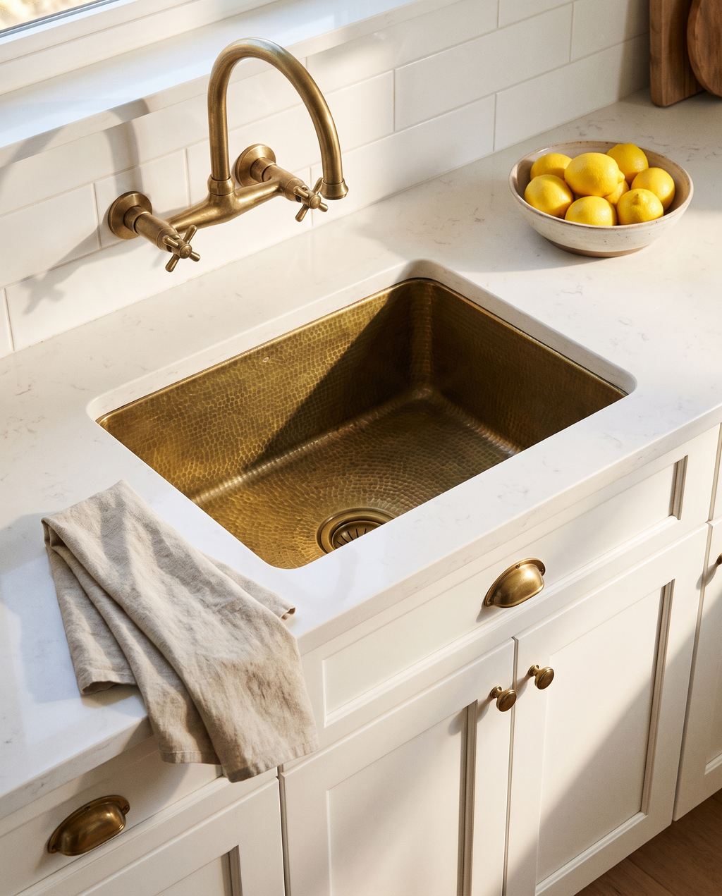 Hand-hammered brass bar sink installed undermount in a white quartz counter in an American farmhouse pantry