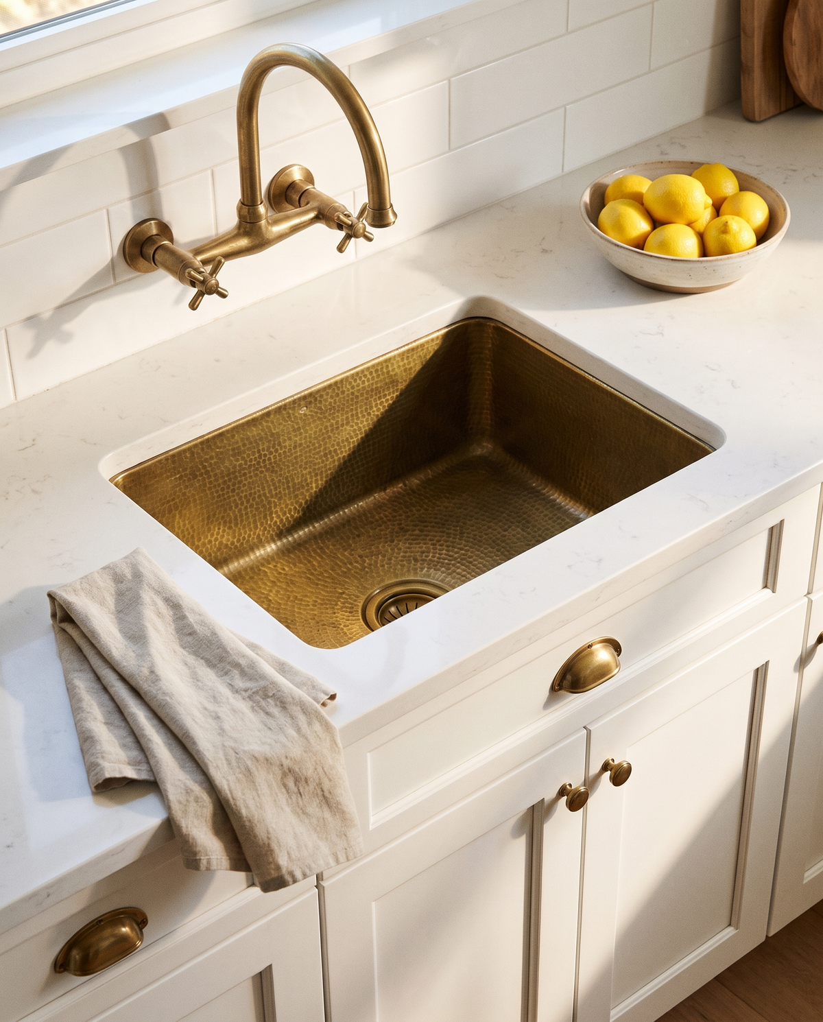 Hand-hammered brass bar sink installed undermount in a white quartz counter in an American farmhouse pantry