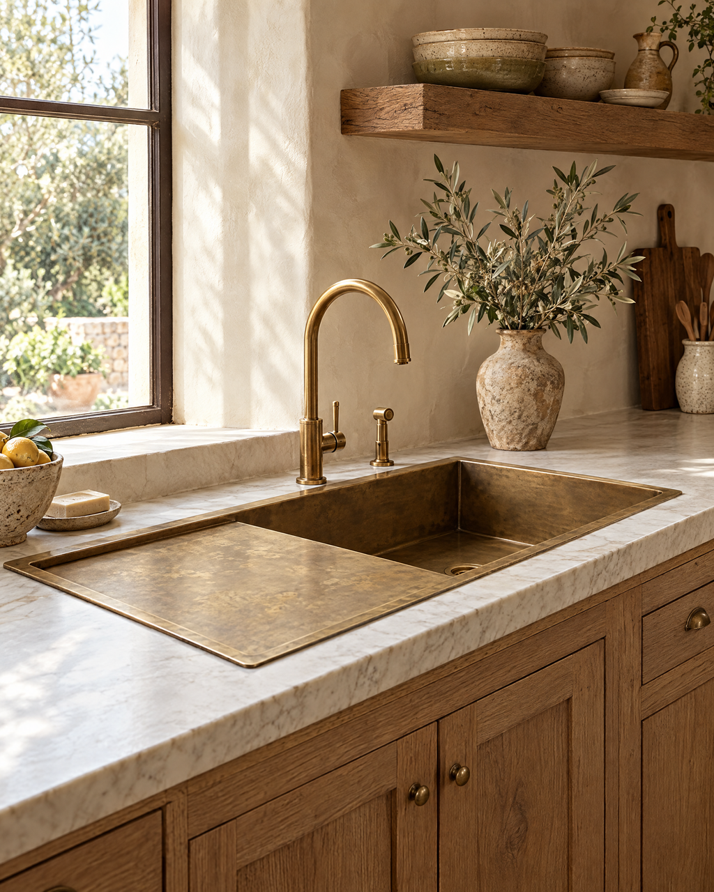 Brass drainboard sink in a Mediterranean farmhouse kitchen