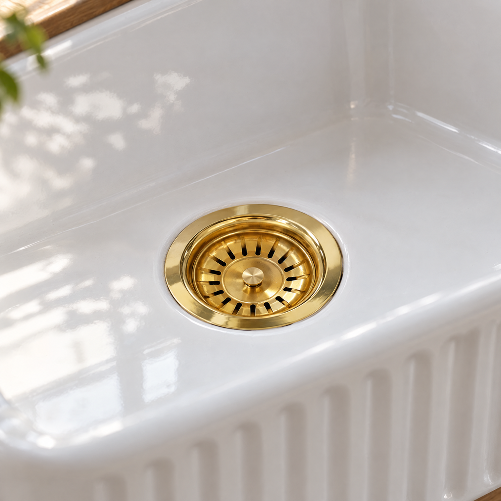 Brass basket strainer installed in a white fluted farmhouse sink