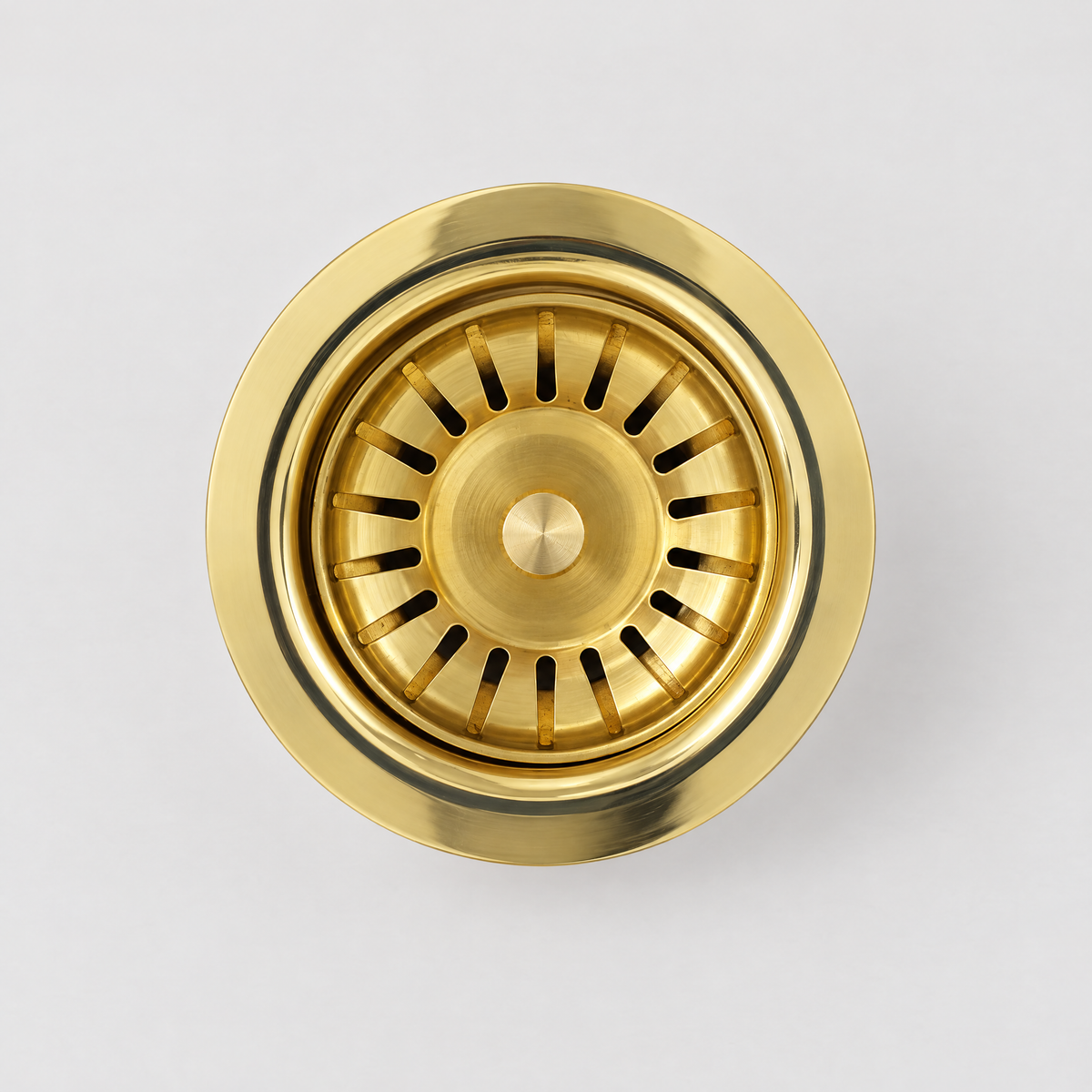Unlacquered brass kitchen sink basket strainer, top view