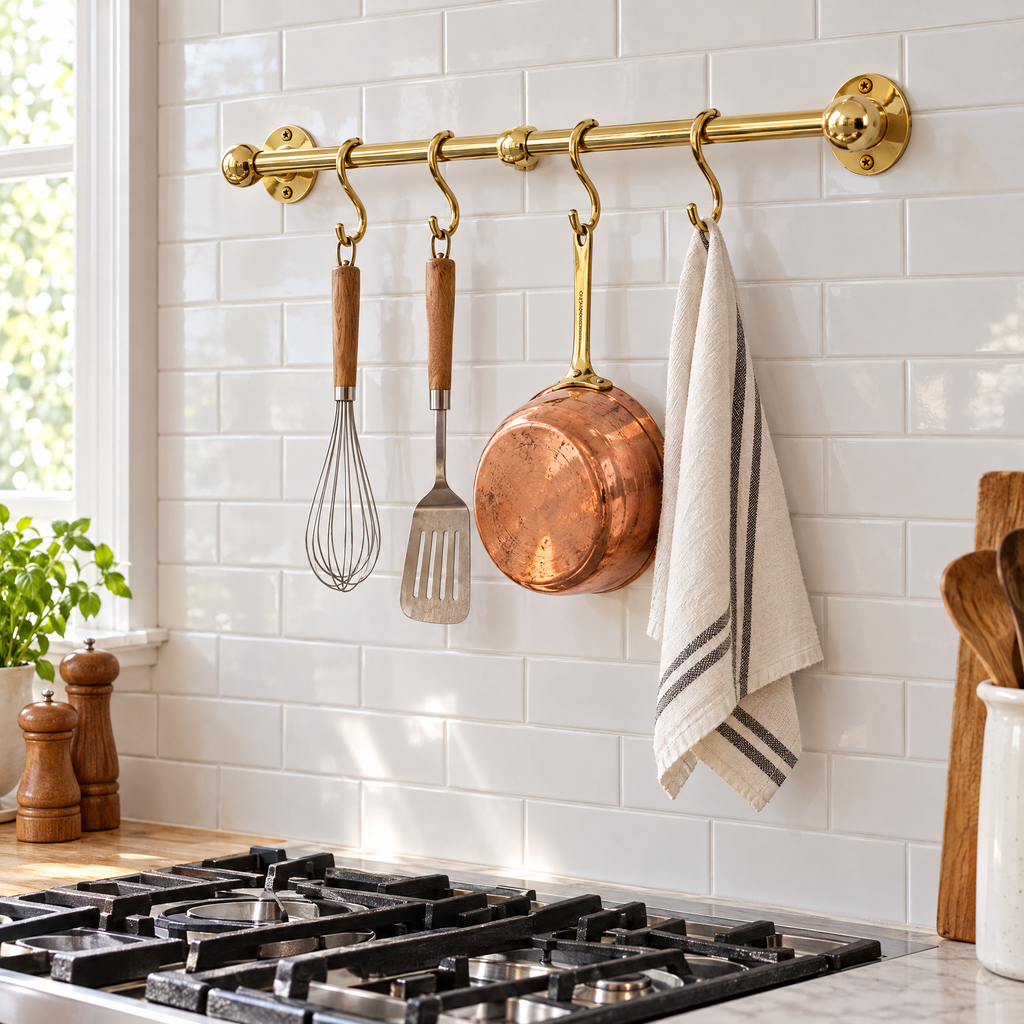 Brass pot rail above a stove holding a whisk, spatula and copper pot